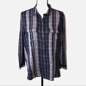 Plaid Top Lou & Grey Size M Button Down Tunic Length Purple Shirt Long Sleeve